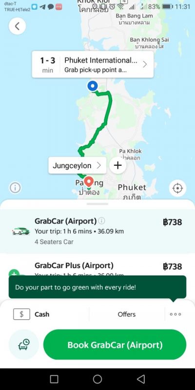 Стоимость поездки из аэропорта в Патонг на такси Grab. Фото: Novosti Phuketa